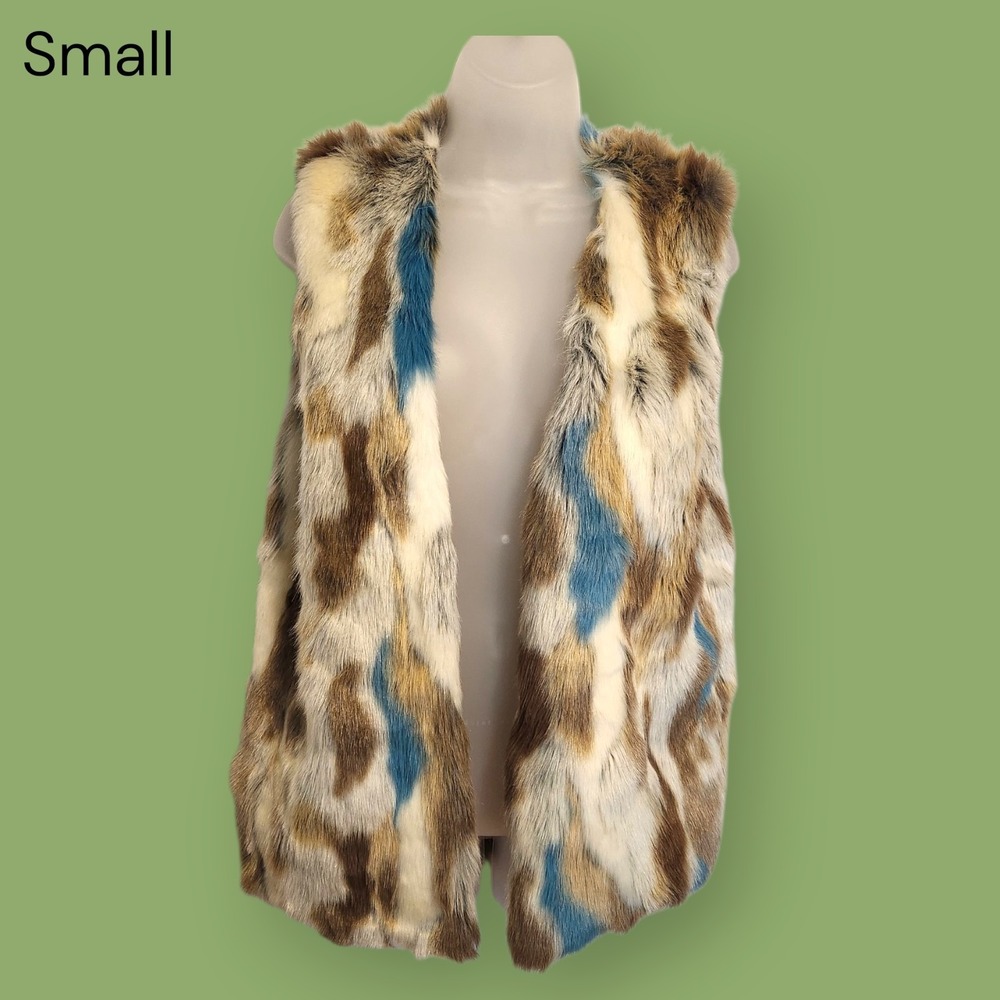 Luxe Patchwork Faux Fur Vest Soft Sleek Brown Blue Multi Mob Wife Aesthetic S